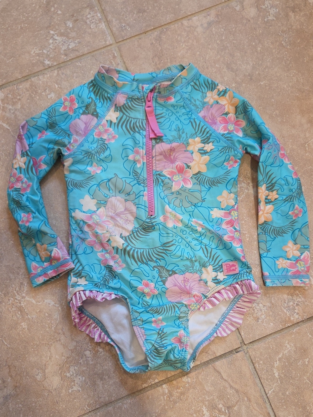 Rufflebutts 2T Girls' Floral Long-Sleeve Swim Onesie - Turquoise Pink